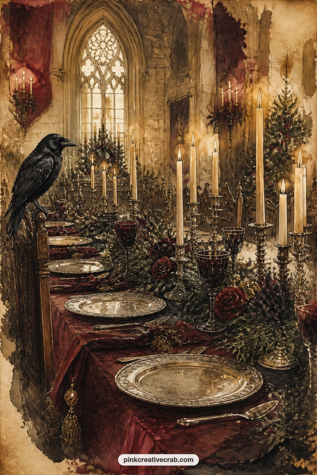 Candlelit Dining Hall With Tapers printable page — Write the name of a winter feast across the top of this one, since a candlelit dining hall with its long