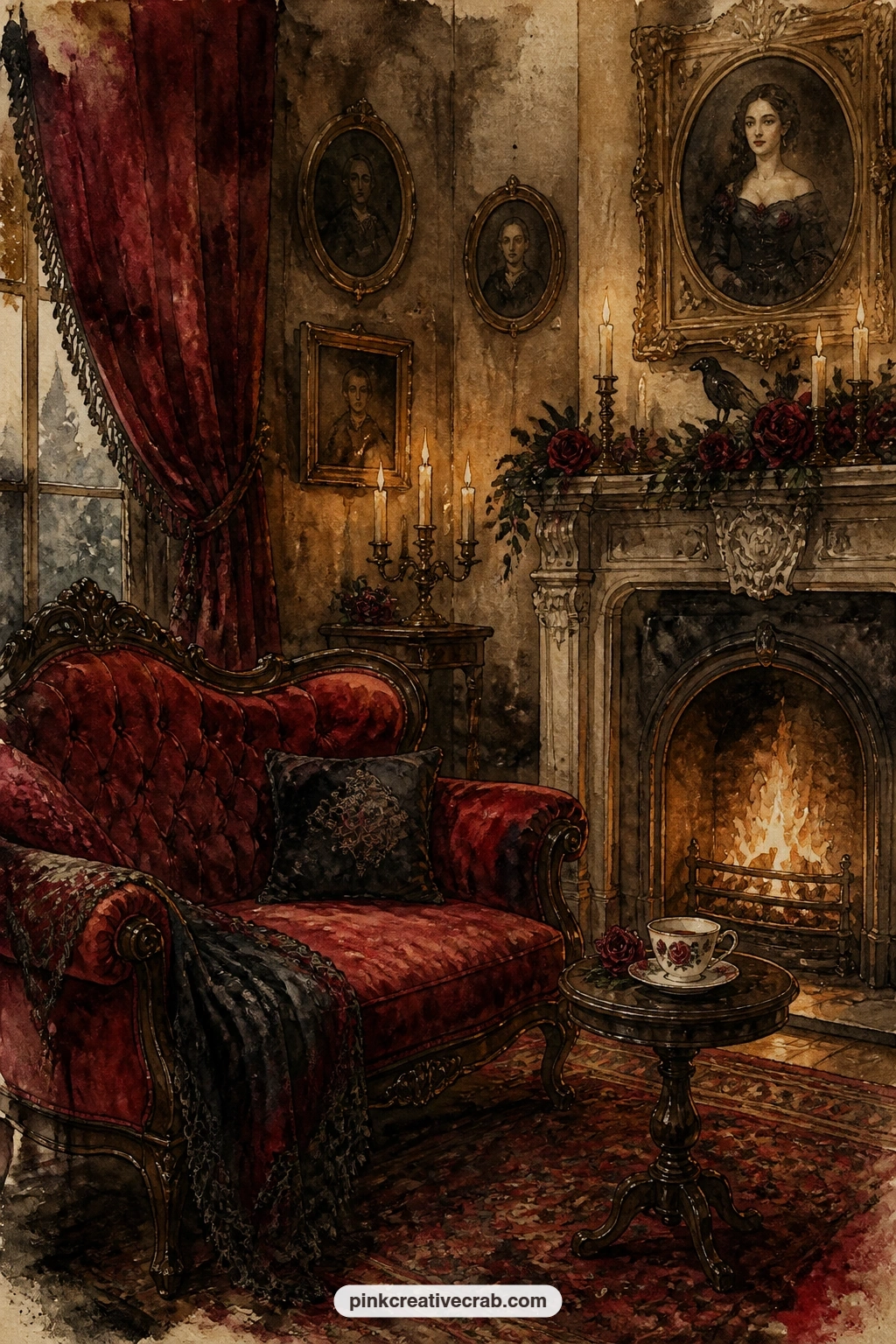 Victorian Parlor By The Fire printable page — A crimson velvet sofa sits before a crackling fire in this Victorian parlor, with a low table, a single teacup