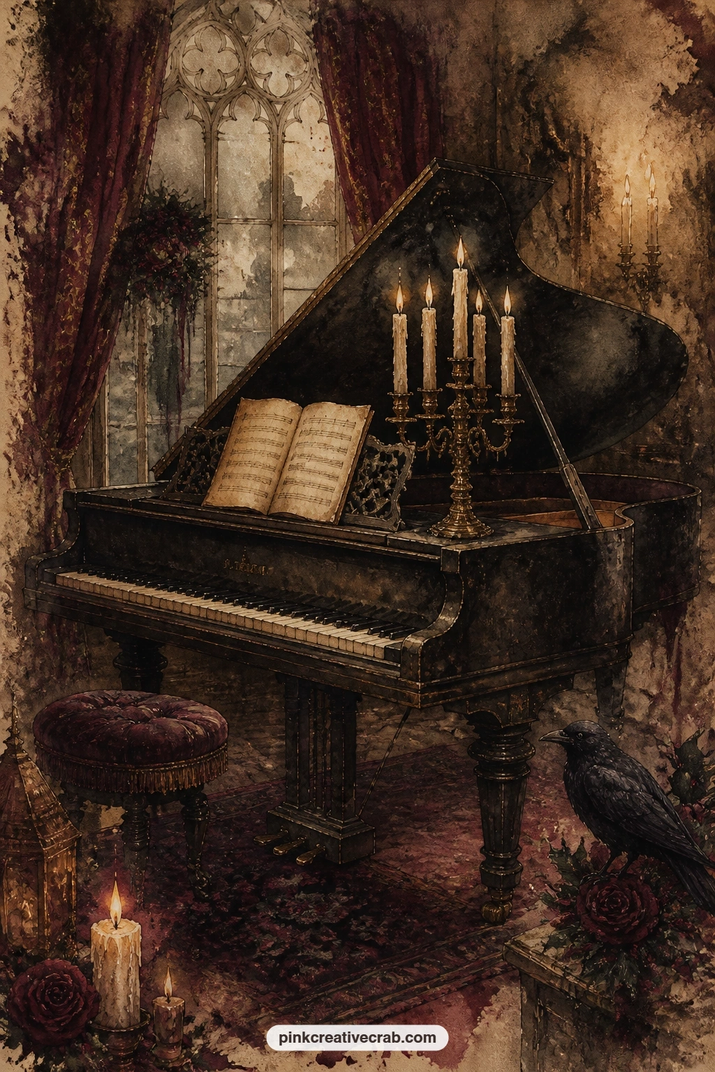 Old Grand Piano With Candelabra printable page — Give this five minutes: trim close around the piano's silhouette and let the candle flames peek over the edge