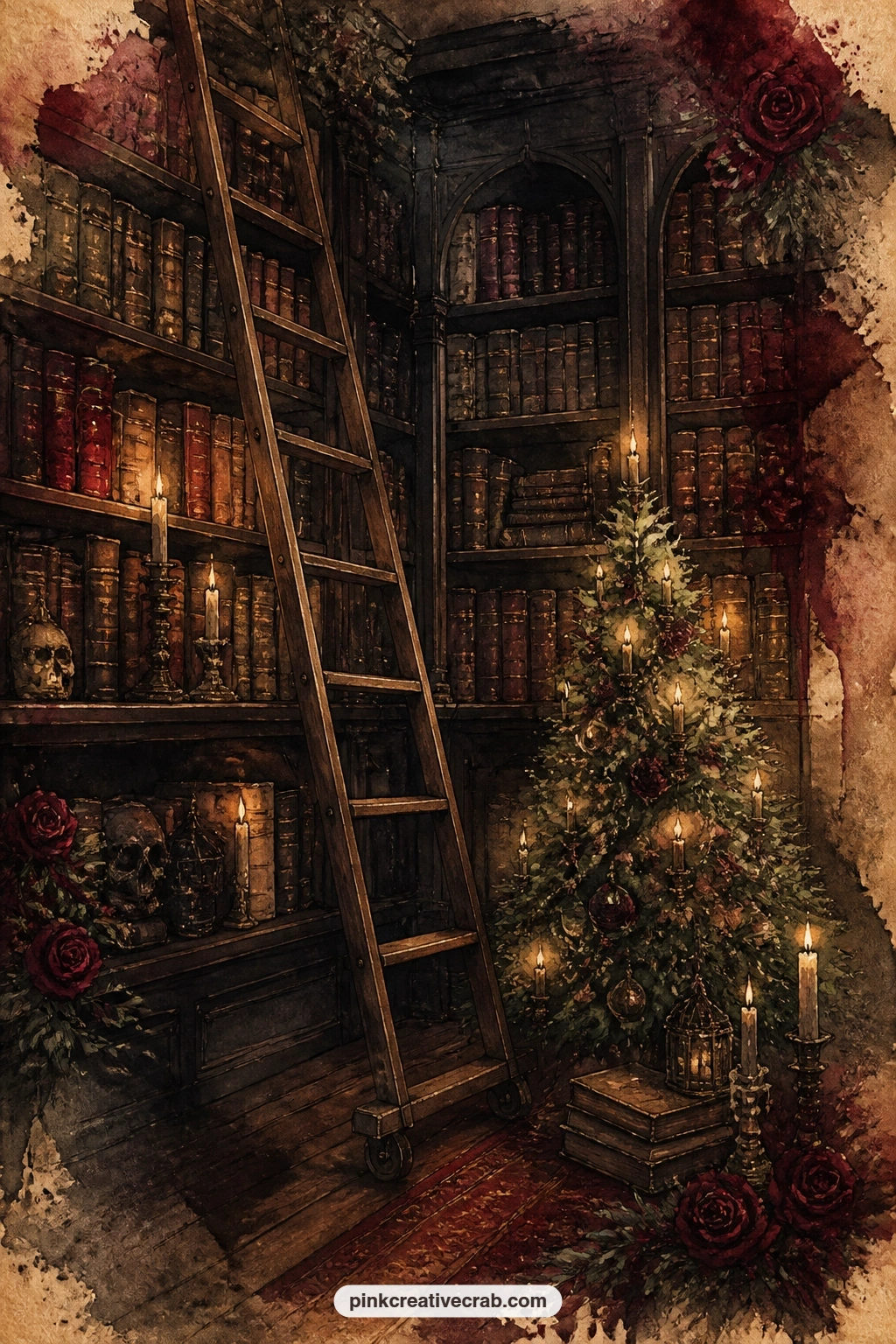 Library With Ladder And Lit Tree printable page — Tall shelves rise behind a rolling ladder in this library, where a small lit tree stands among the stacked