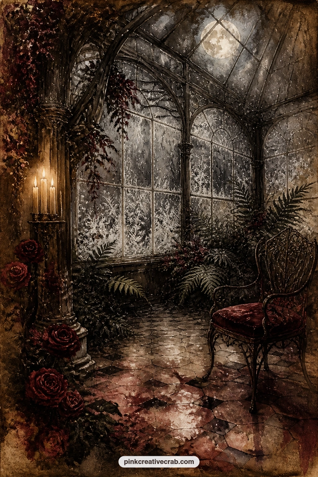 Moonlit Conservatory With Frost printable page — Glass panes edged in frost, a few dark ferns and a single wrought iron chair fill this moonlit conservatory