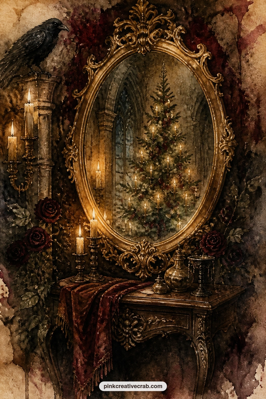 Gilded Mirror Reflecting Candlelit Tree printable page — A gilded mirror on the wall reflects a candlelit tree standing somewhere out of view, its gold frame