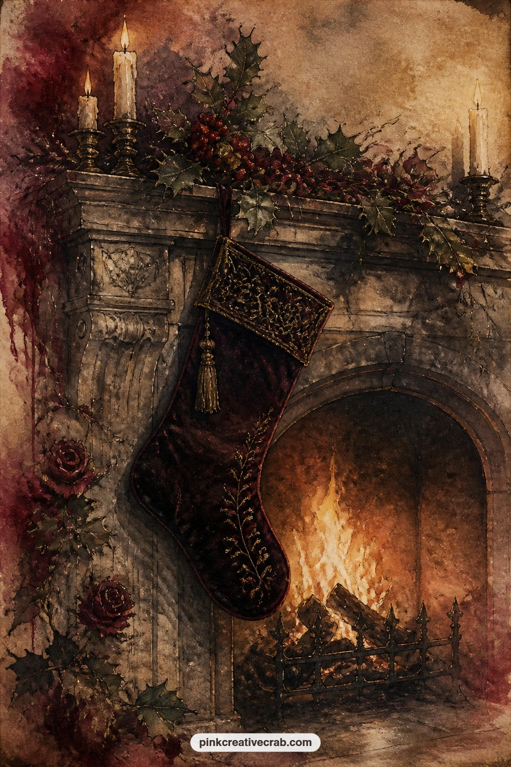 Velvet Stocking On Stone Fireplace printable page — Who is this one for. Gothic christmas junk journal
