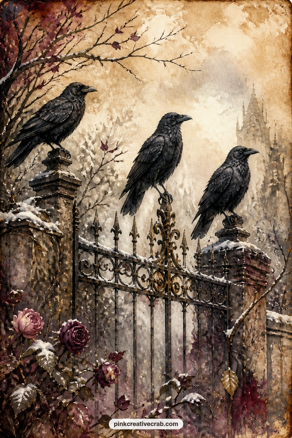 Ravens On Snowy Iron Gate printable page — Ravens settle along a snowy iron gate, three dark shapes against the white, with bare branches and a pale winter sky