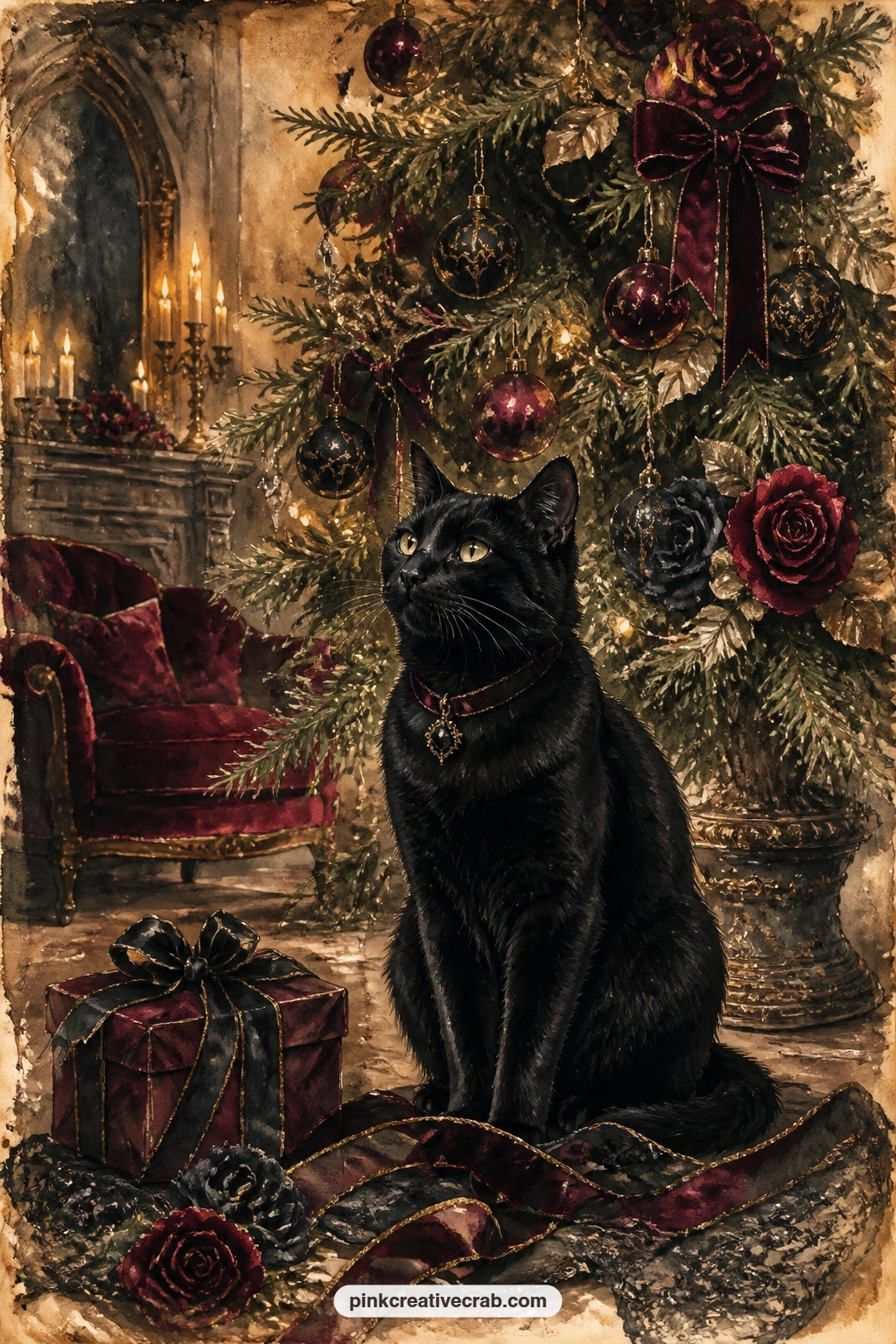 Black Cat Under The Tree printable page — Tuck a tiny photo of your own cat beside this page, since a black cat wearing a velvet collar under the tree leaves a