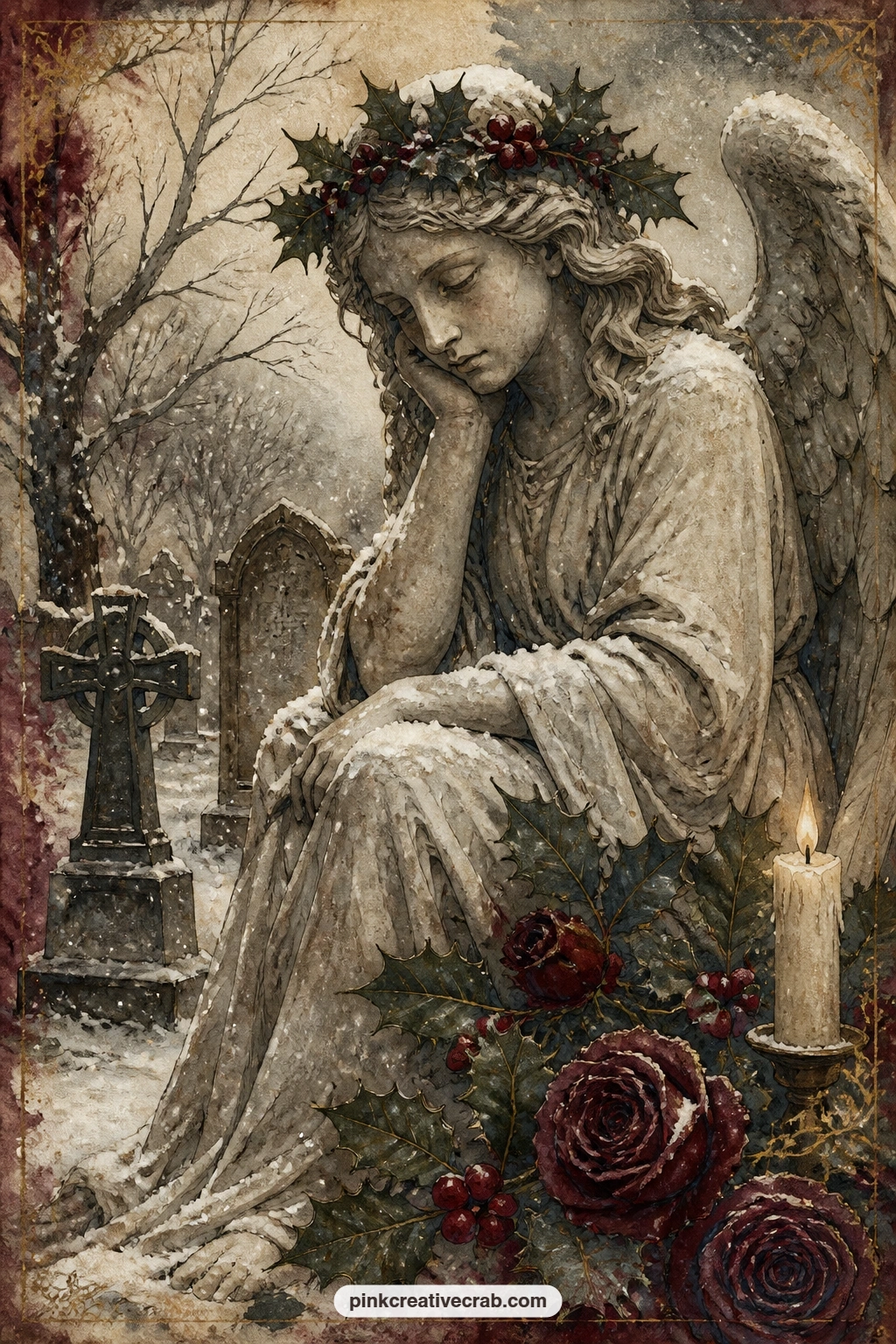 Snowy Graveyard Angel With Holly printable page — Stone wings, a crown of holly and a hush of falling snow mark this graveyard angel, standing among old