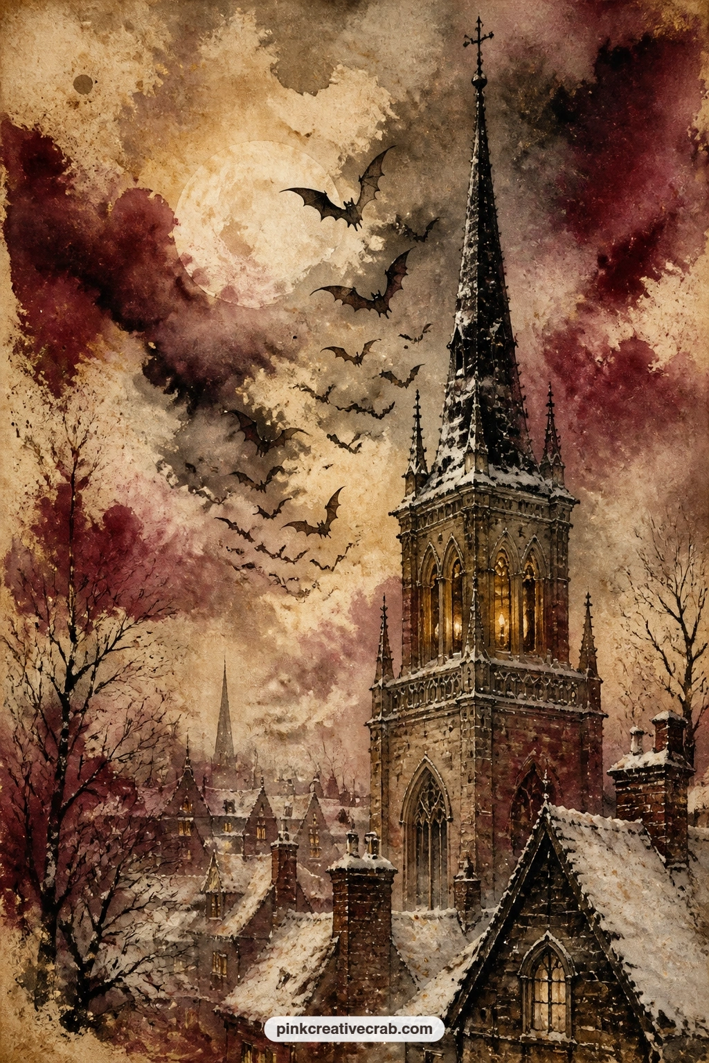 Bats Flying Over Snowy Steeple printable page — A short prompt for this page: what does the quiet of midnight feel like where you live. Gothic christmas junk