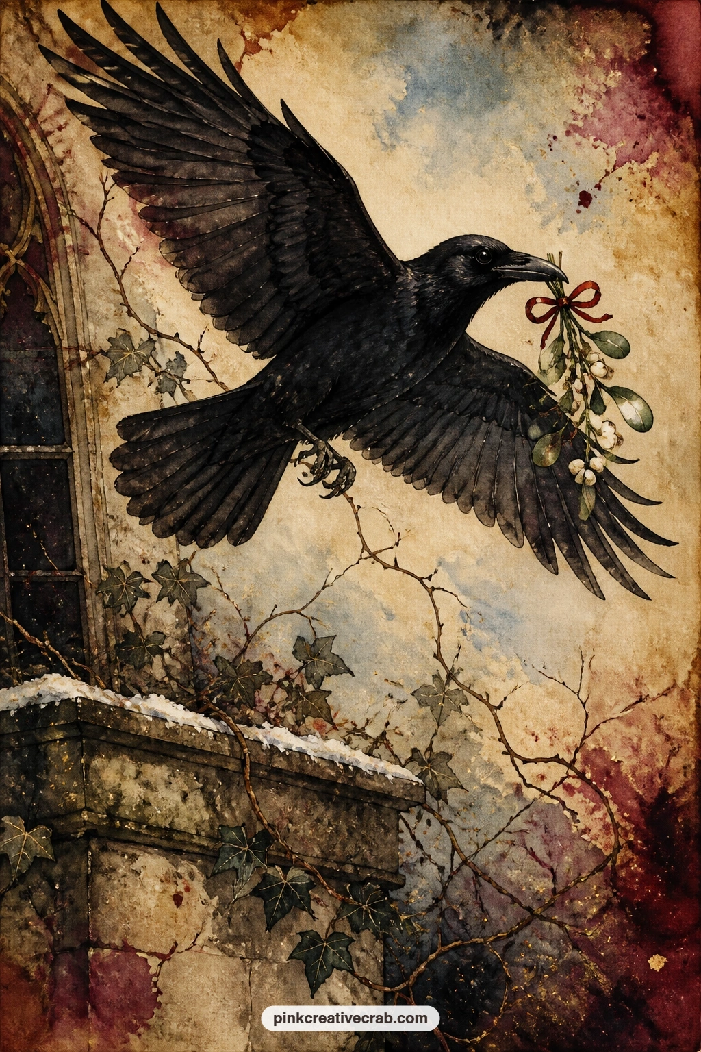 Crow Carrying Mistletoe Sprig printable page — A crow carries a small sprig of mistletoe through the frosty air, wings spread against a pale sky, with a stone