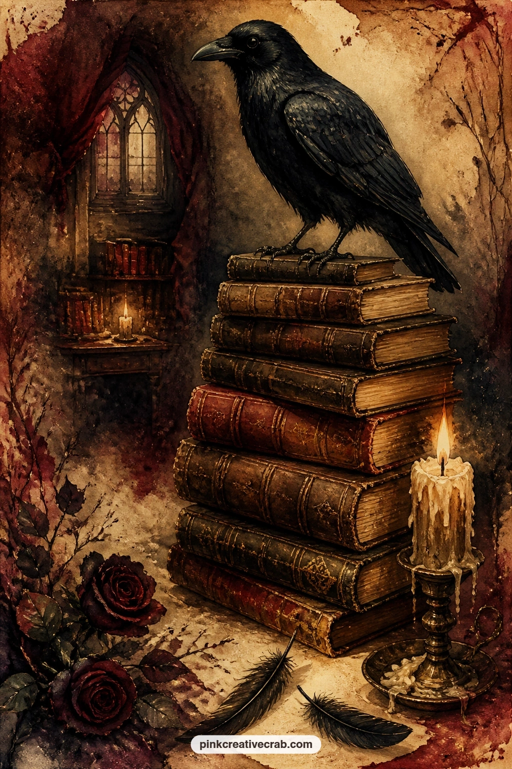 Raven On Stack Of Old Books printable page — Settling on a tall stack of old leather books, this raven turns its head beside a stub of candle and a few loose