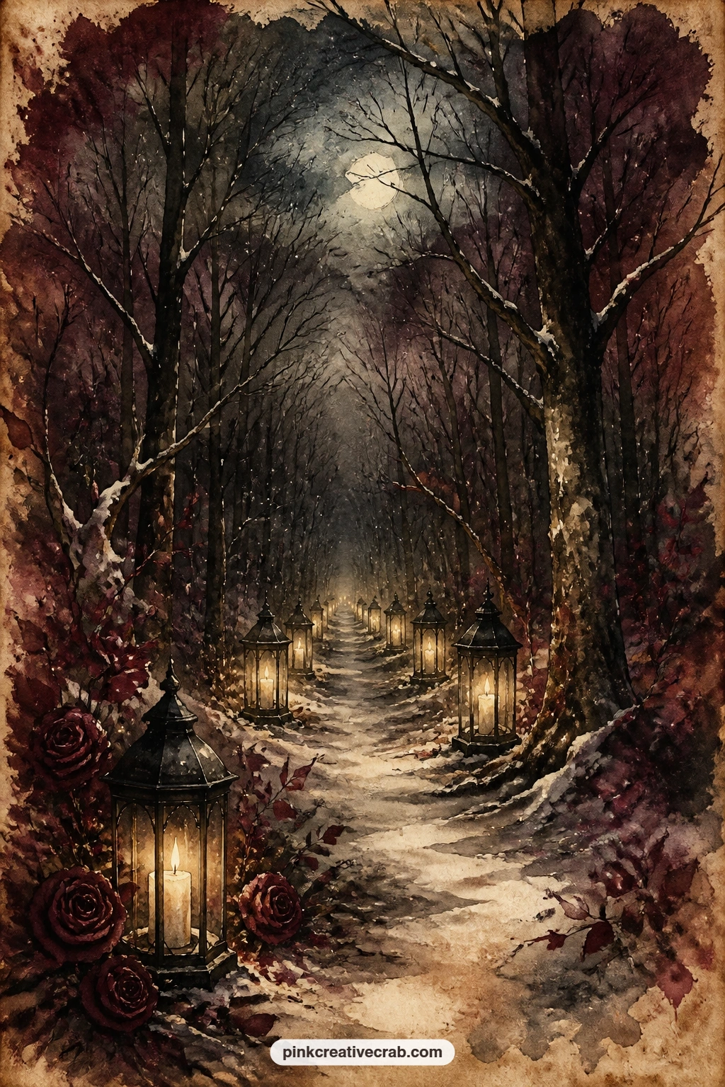 Dark Forest With Lantern Path printable page — Tea stain the edges of this sheet before gluing it in, since a dark forest with a lantern path along the ground