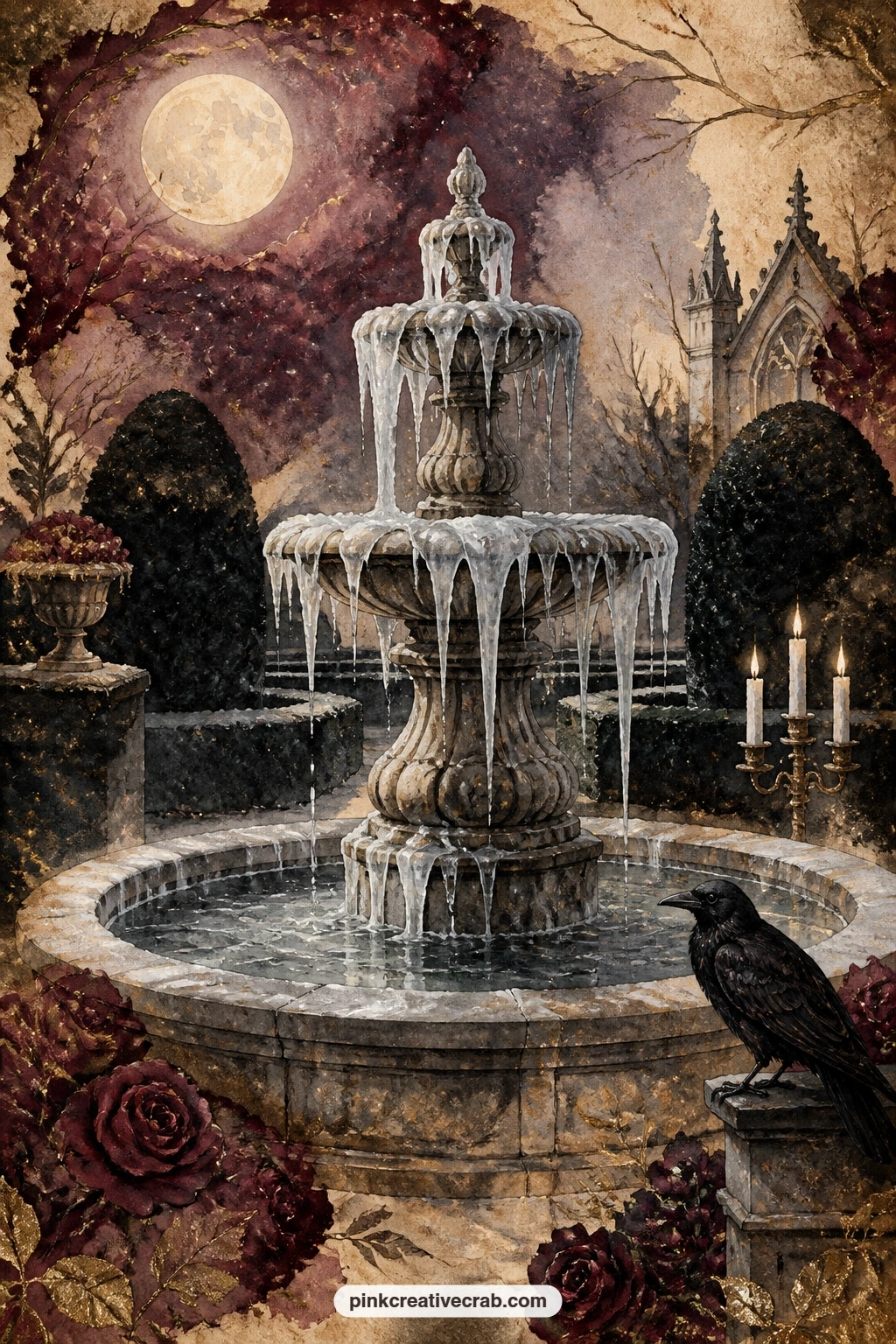 Frozen Fountain In Moonlit Garden printable page — Ice coats the basin of this frozen fountain, standing in a moonlit garden hedged with dark topiary, the