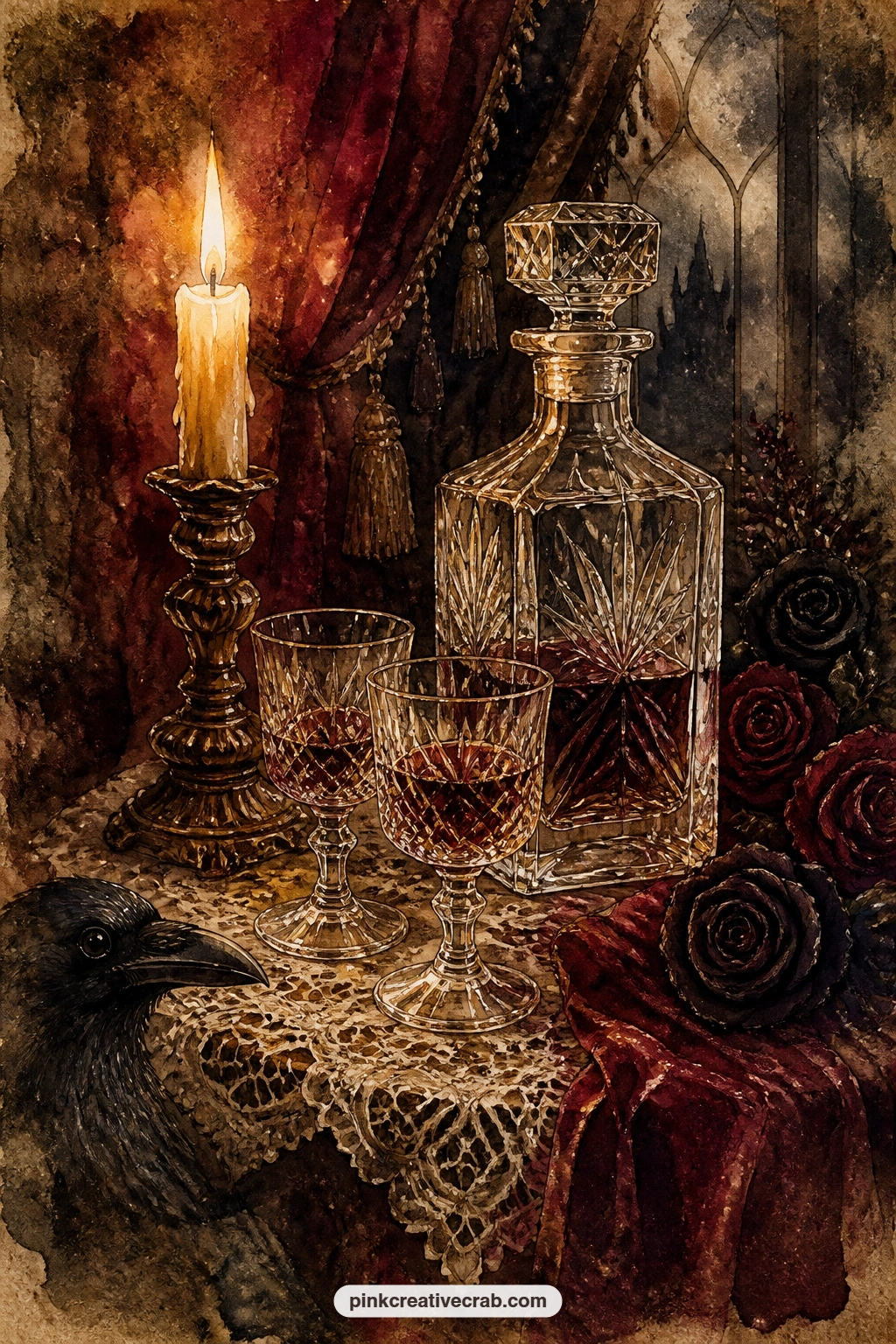Crystal Decanter By Candlelight printable page. Gothic christmas junk journal