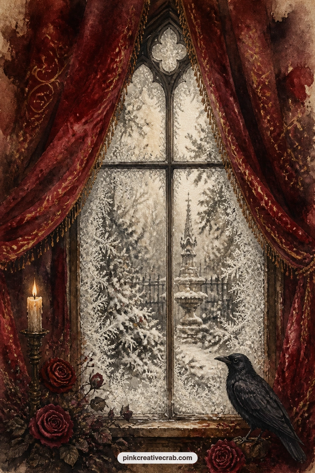 Deep Red Curtains And Frosted Window printable page — Heavy curtains in deep red velvet part just enough to frame a frosted window, ice patterns creeping