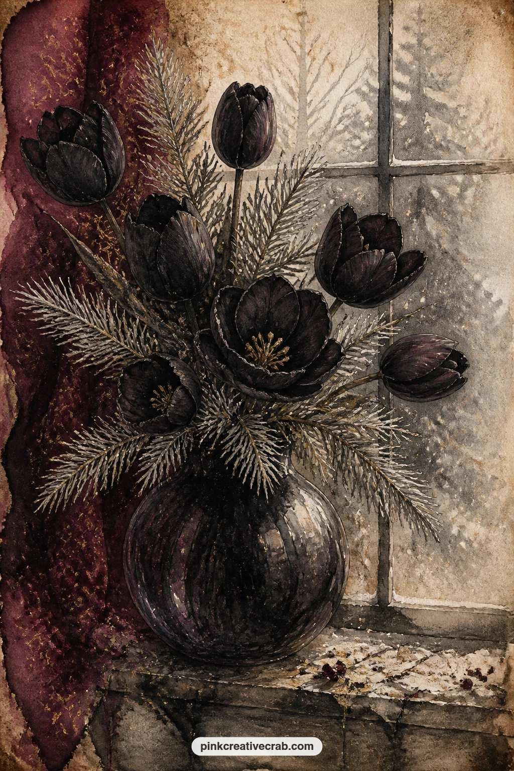 Black Tulips And Silver Pine printable page — Arranged in a dark glass vase, black tulips stand among sprigs of silver pine, the whole bouquet set on a stone