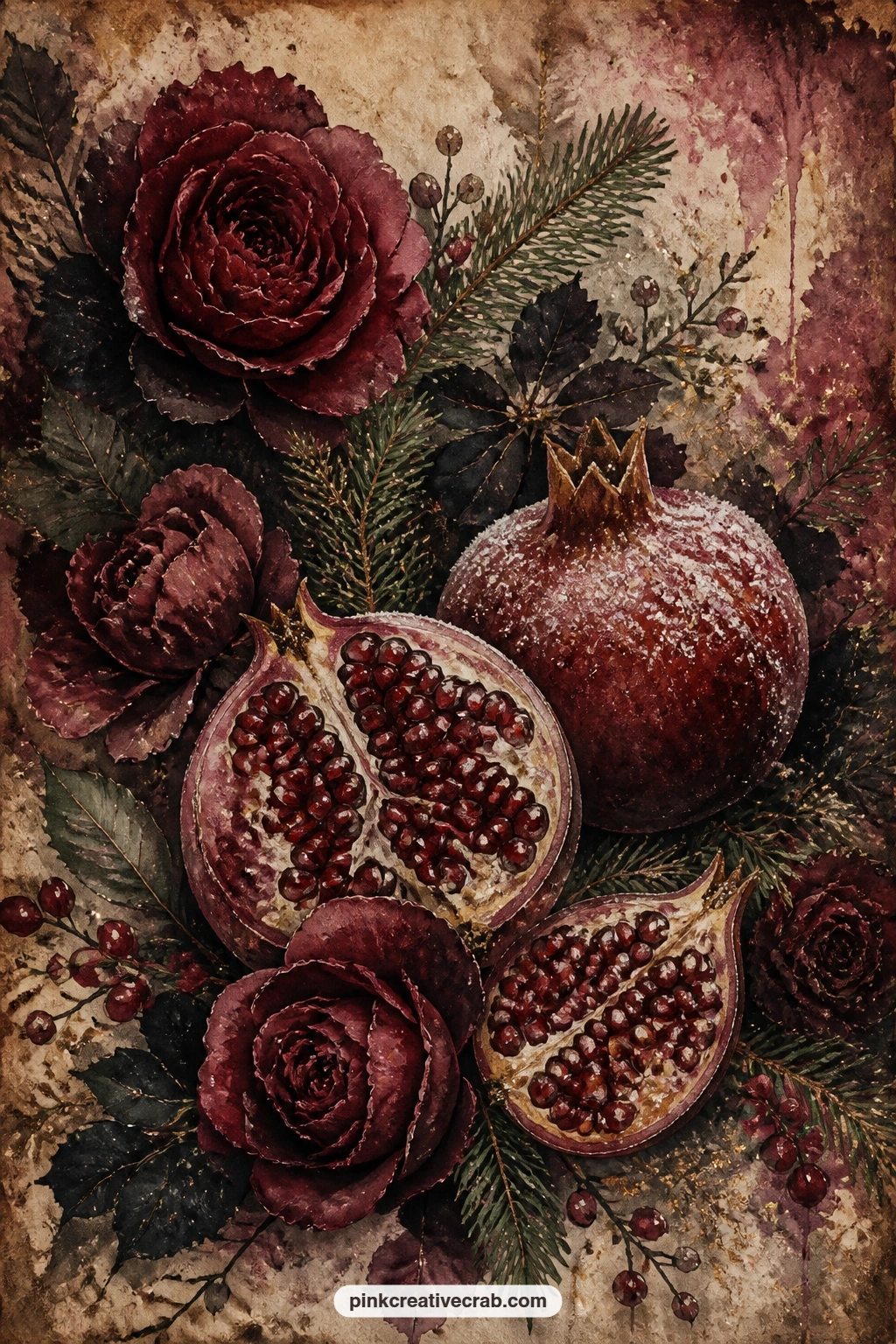 Dark Florals With Frosted Pomegranates printable page — A beginner can simply glue this in whole as a full page spread, while a steadier hand might cut around