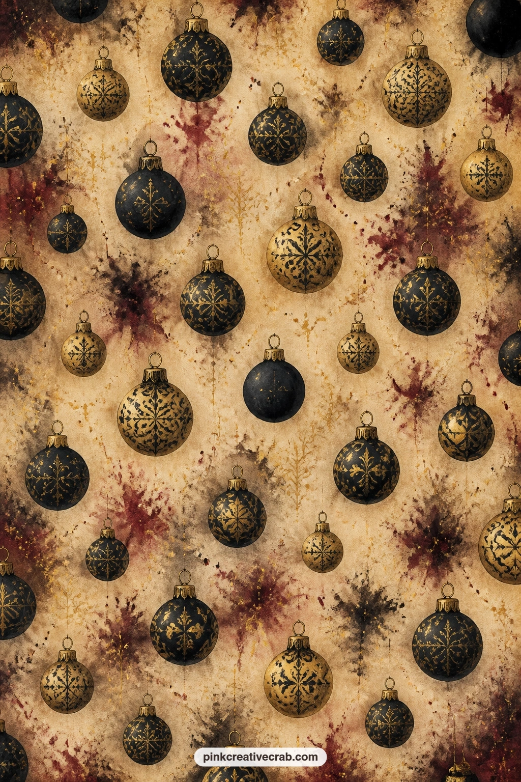 Black And Gold Baubles Pattern printable page — Use this black and gold baubles pattern behind a cluster of small glued photos, as the journal's back cover, or
