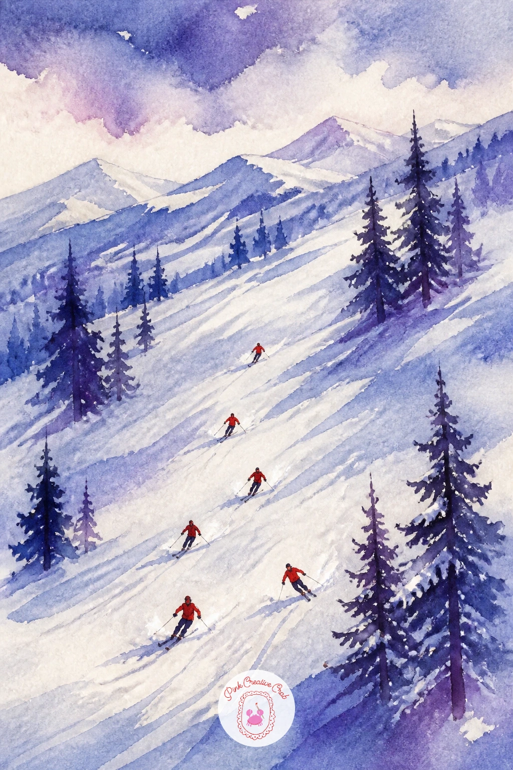 Ski Slope With Red Jackets — Start where the last scene left off, with a flat wash, but tip the brush sideways this time: load a large round with pale
