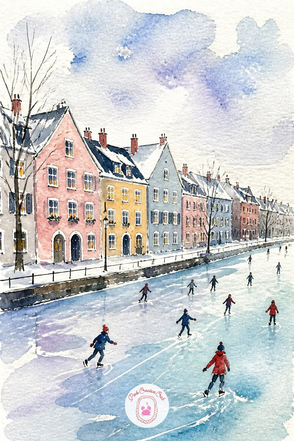 Pastel Houses by a Frozen Canal — Pastel houses line up best as a single loose wash first: lay a wet-into-wet stripe of pale blue-gray for the sky, then drop