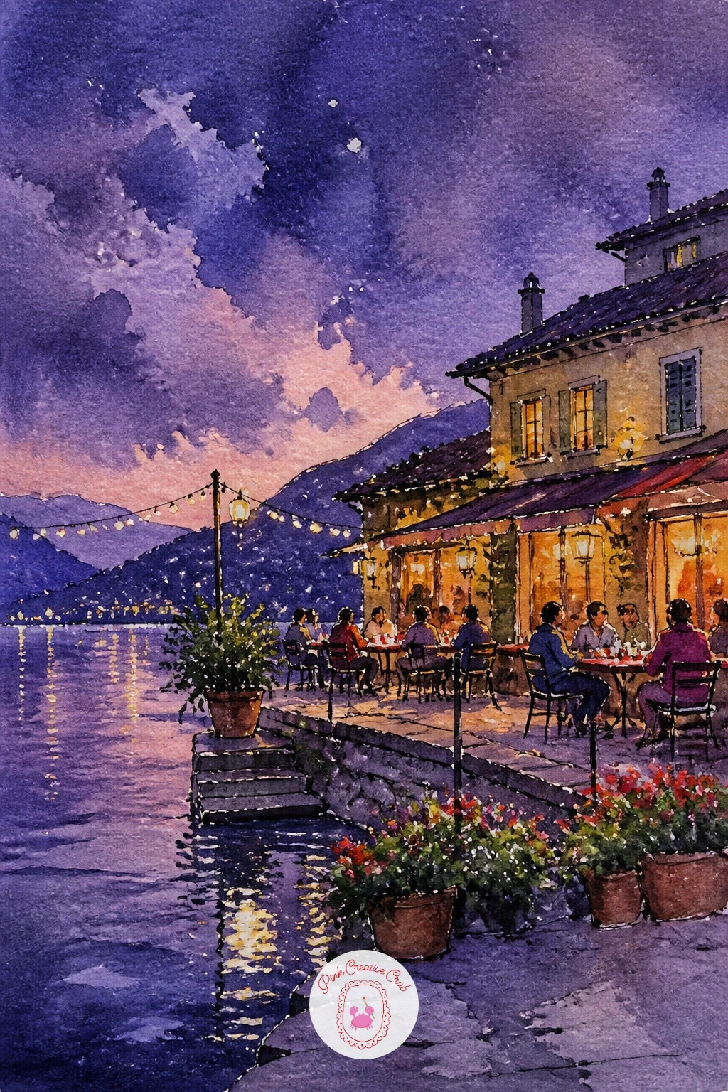 Lakeside Café With Fairy Lights — Build this one in layers of light rather than layers of detail. Winter landscape painting