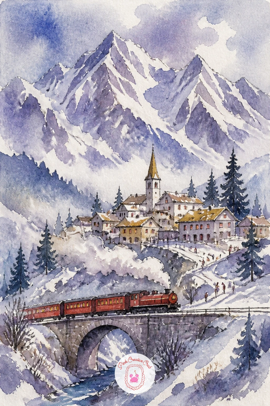 Mountain Village With a Red Train — Mountains ask for restraint, so paint the furthest peaks first as the palest, most diluted violet-grey wash you can mix