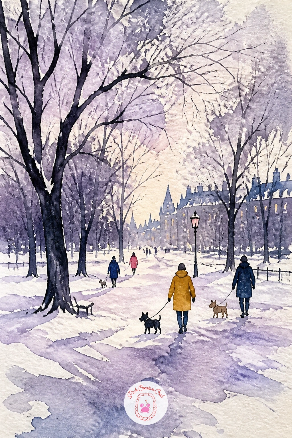 Winter Park With Dog Walkers — Bare trees are the backbone of this scene, so draw them first with a dry, almost scratchy brush loaded with dark grey-brown