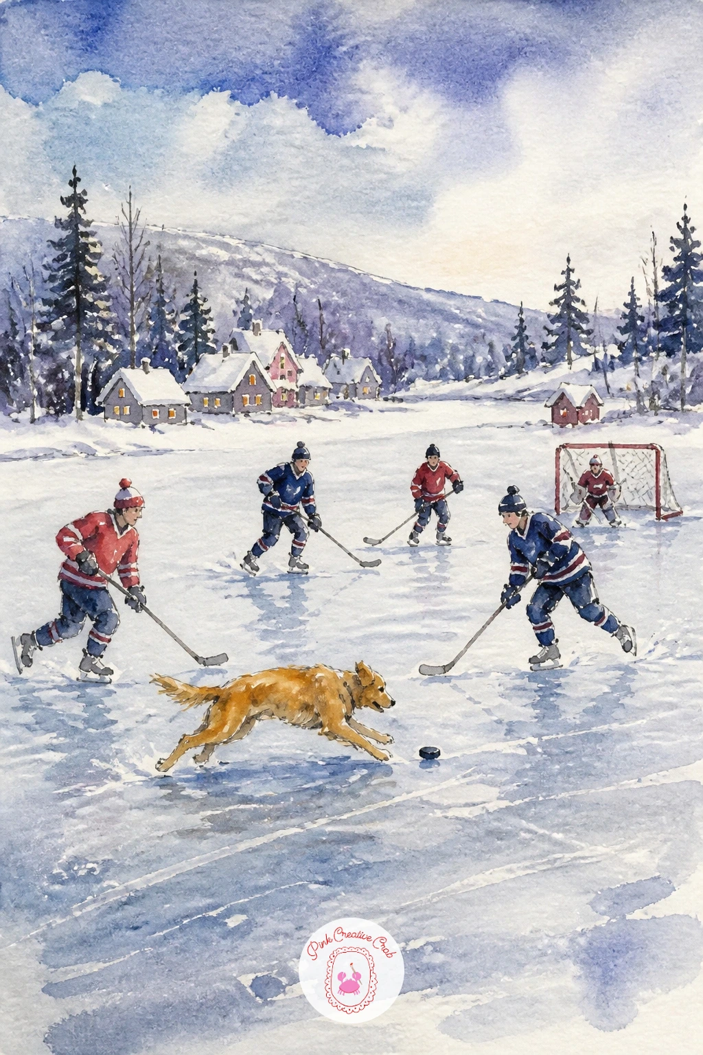 Frozen Lake Hockey Game — Give the ice its shine before anything else goes on top. Winter landscape painting