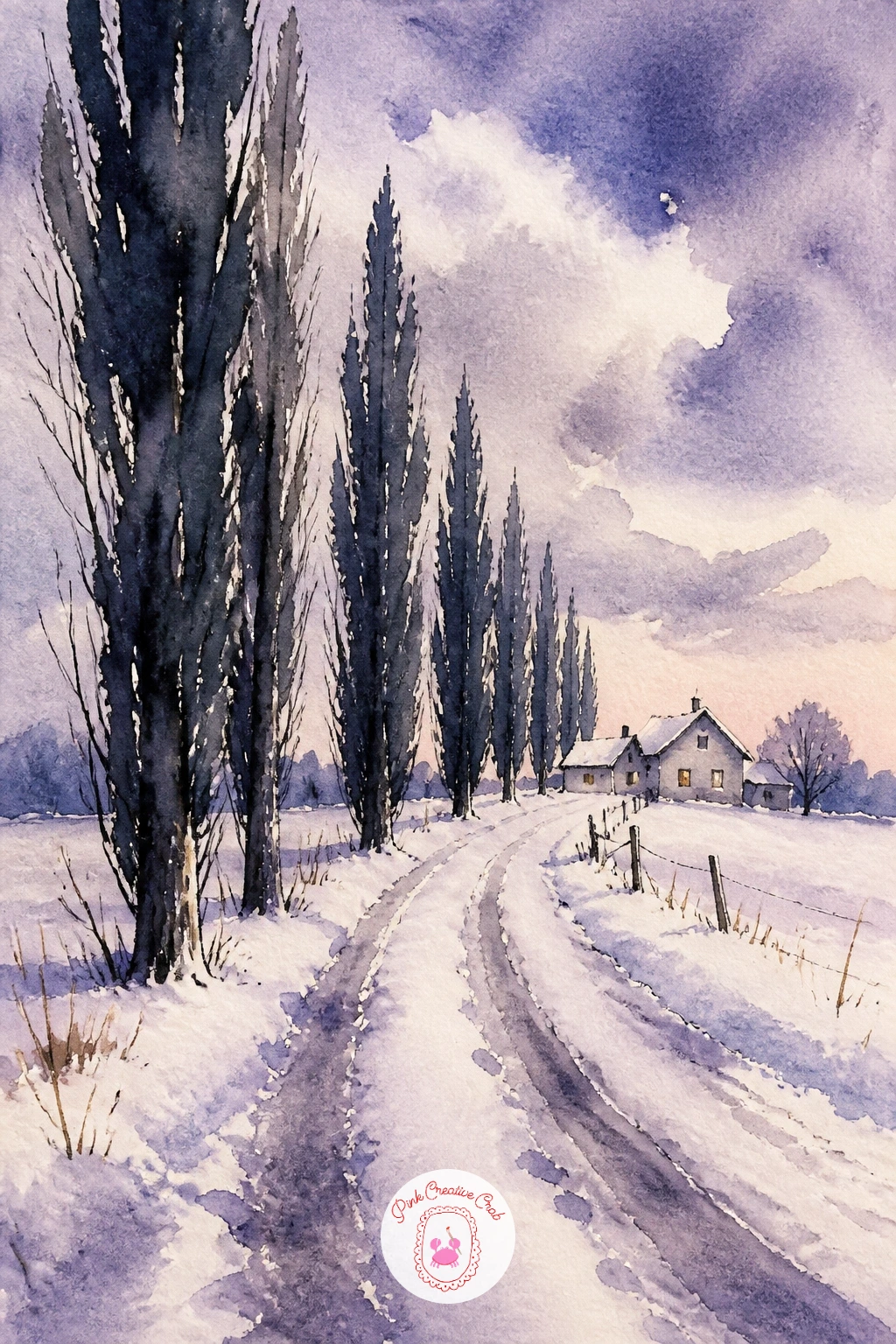 Poplar Road to a Farmhouse — Poplars line up fastest with a ruler trick you will not use directly: before you paint, lightly pencil two converging guide lines