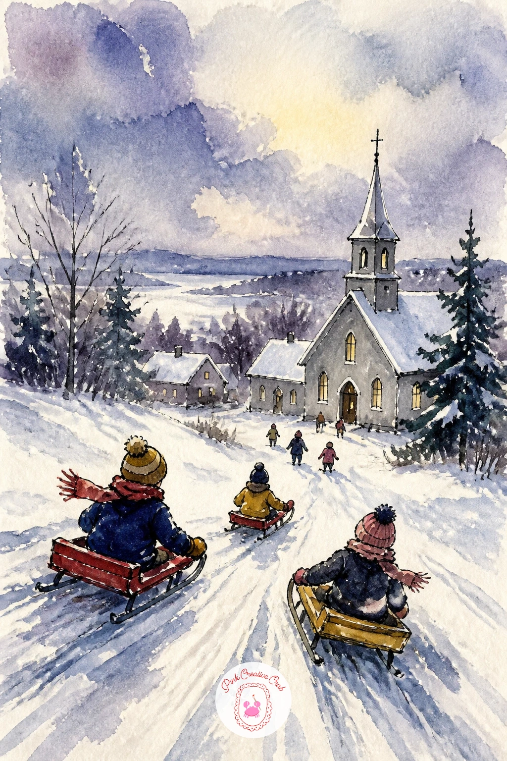 Children Sledding to a Church — Keep the slope simple so the action on top can carry the scene. Winter landscape painting