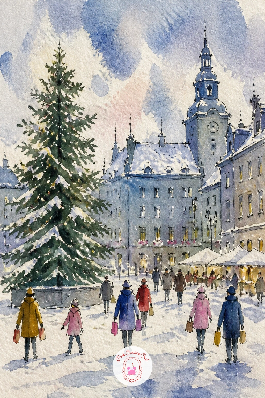 City Square With Shoppers — Anchor the whole square around one big tree, painted first as a tall, loosely layered dark green shape with a dry-brush texture