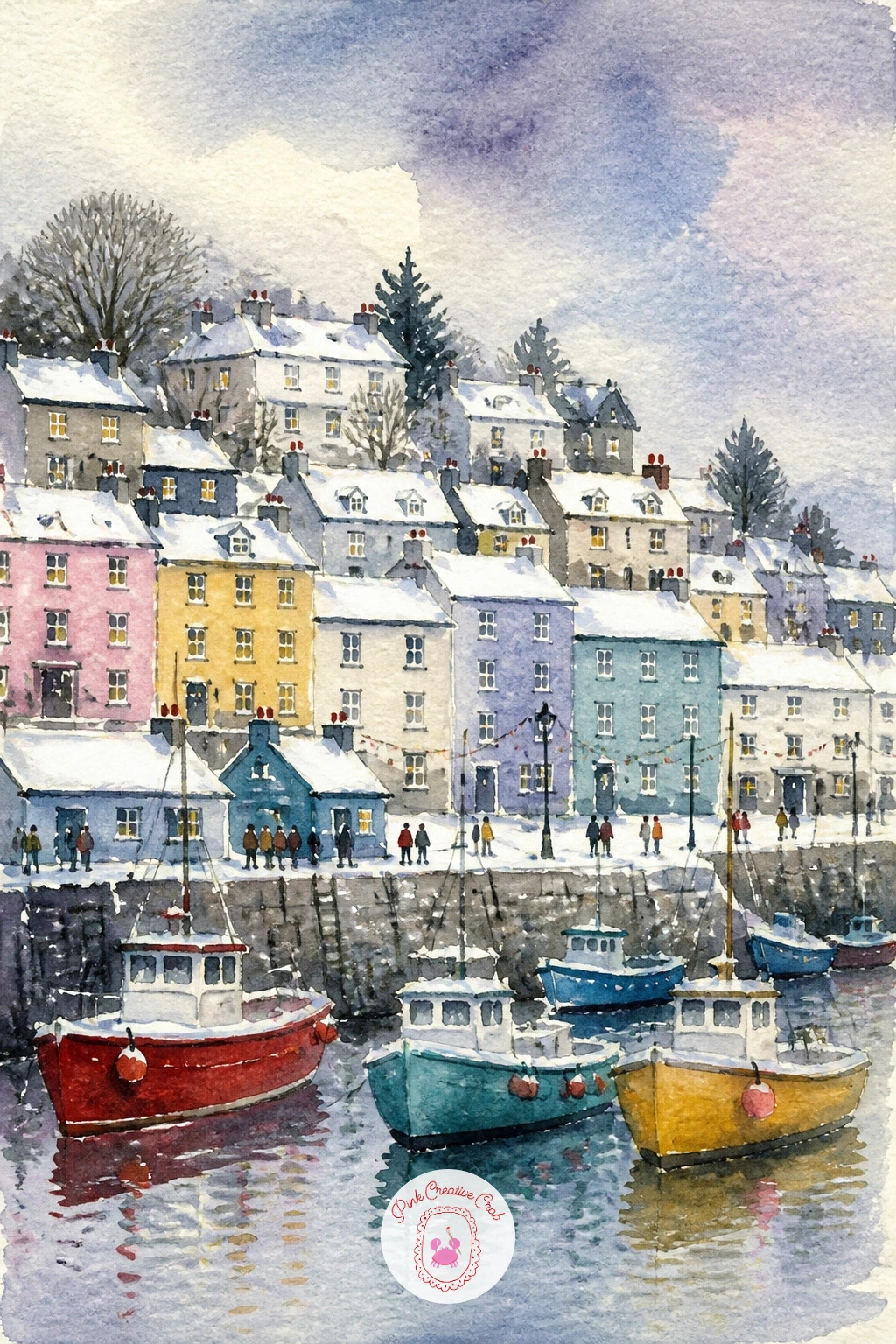 Coastal Town With Colorful Boats — Water and sky share one wash to start, a long horizontal sweep of blue-violet across the top two-thirds of the page, left