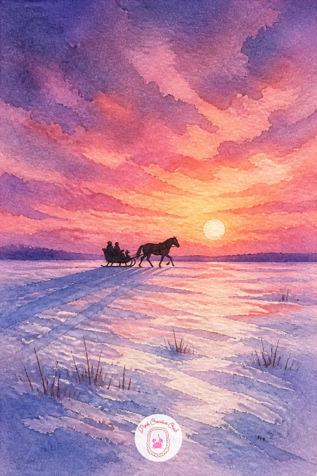 Horse-Drawn Sleigh at Sunset — Sunset decides everything here, so mix that sky first: a soft gradient from warm pink near the horizon up into cool violet