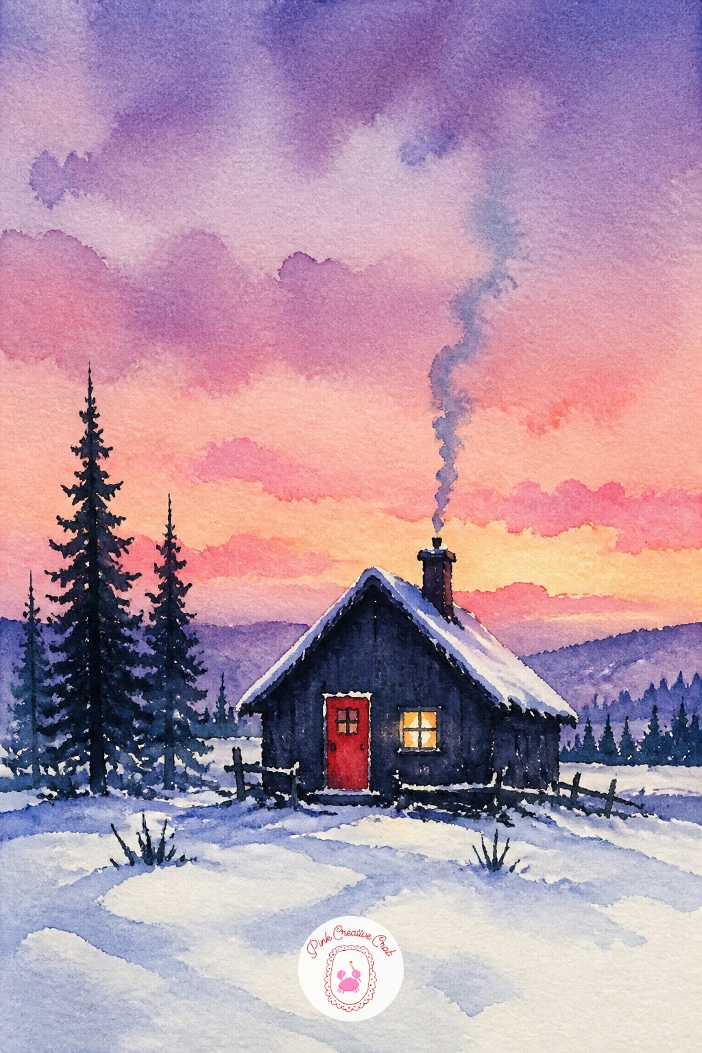 Cabin With a Red Door — Pink sky, dark cabin, that contrast is the whole painting, so start with the sky: a soft wash of warm pink fading into pale lavender