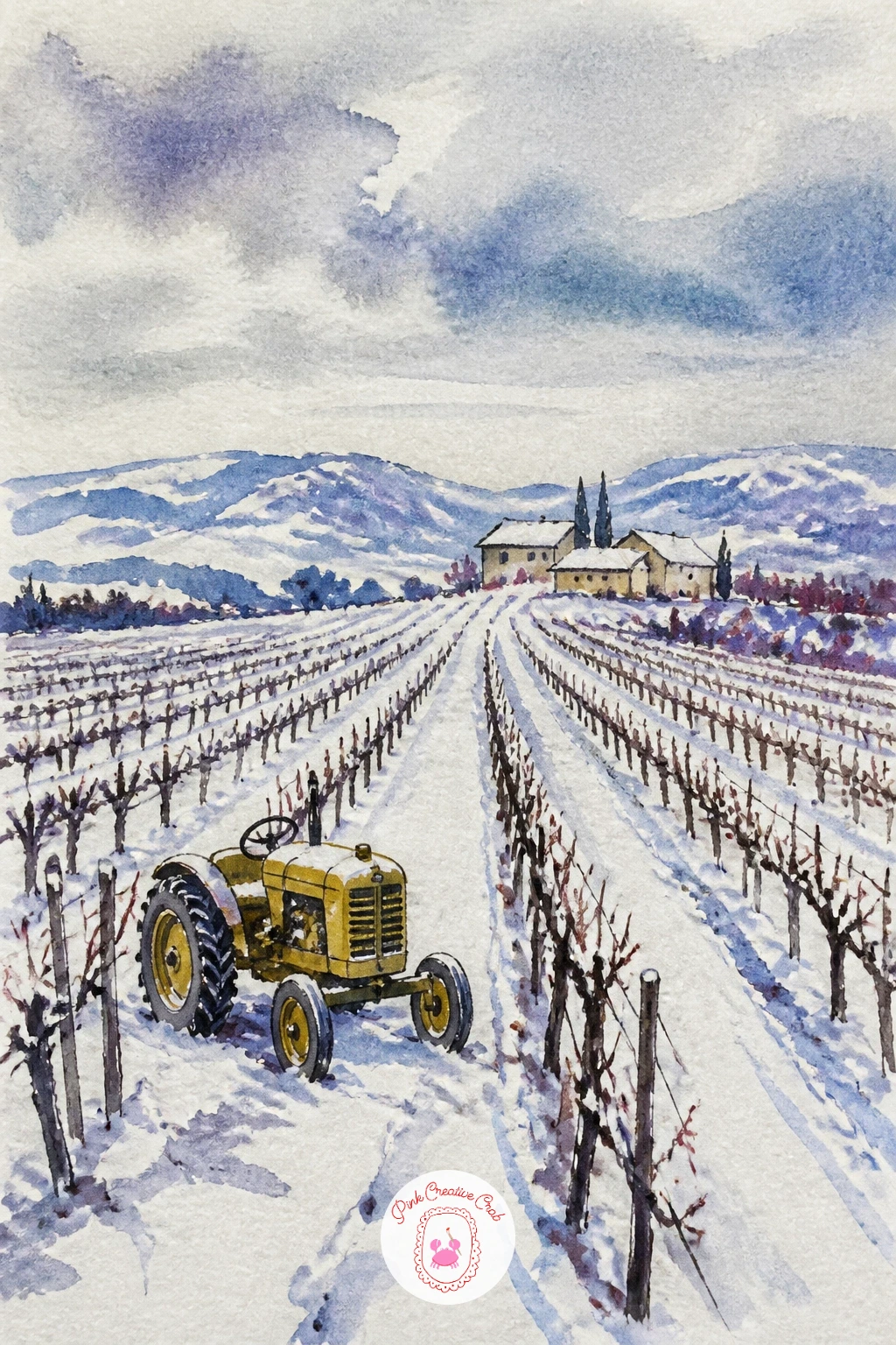 Snowy Vineyard With a Tractor — Rows are the structure of this whole scene, so plan them before you paint: lightly pencil a few lines fanning outward from a