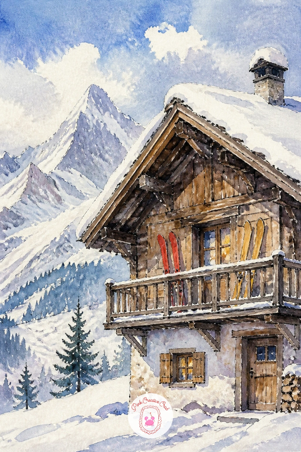 Alpine Chalet With Skis on the Balcony — Build the chalet from the roof down, since that steep snow-laden roofline sets the whole alpine character. Winter