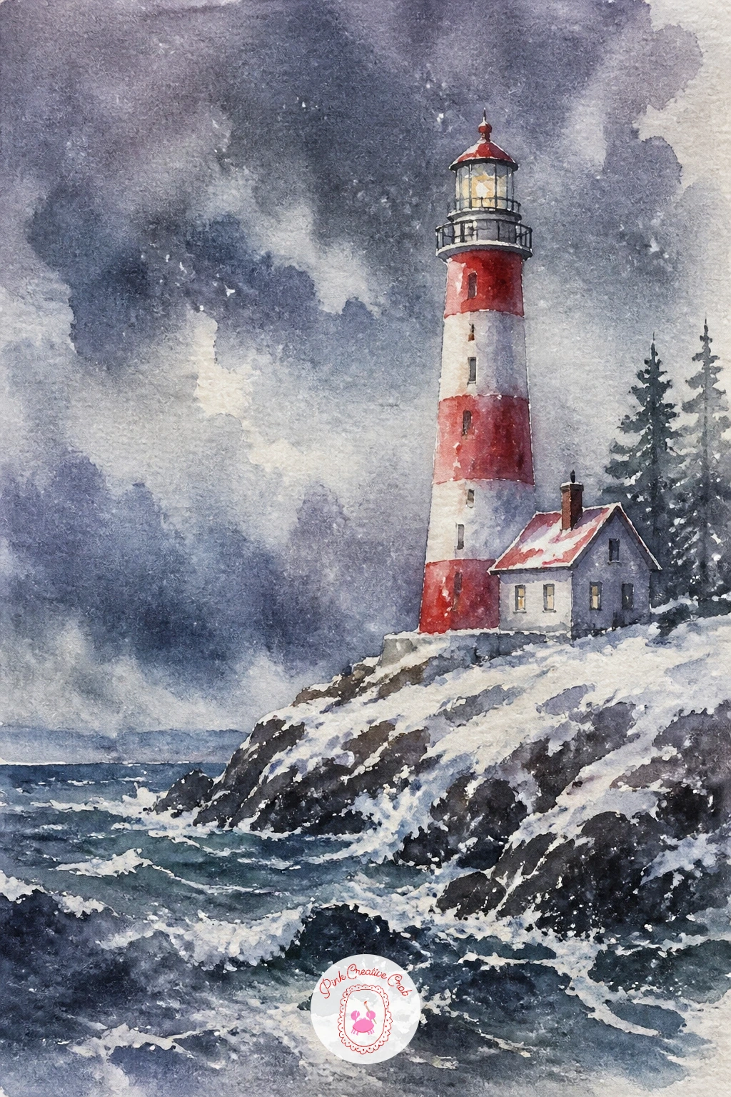 Lighthouse in Snow — Verticals carry this one, so paint the lighthouse first as a single tall, narrow shape, slightly tapered toward the top, in alternating
