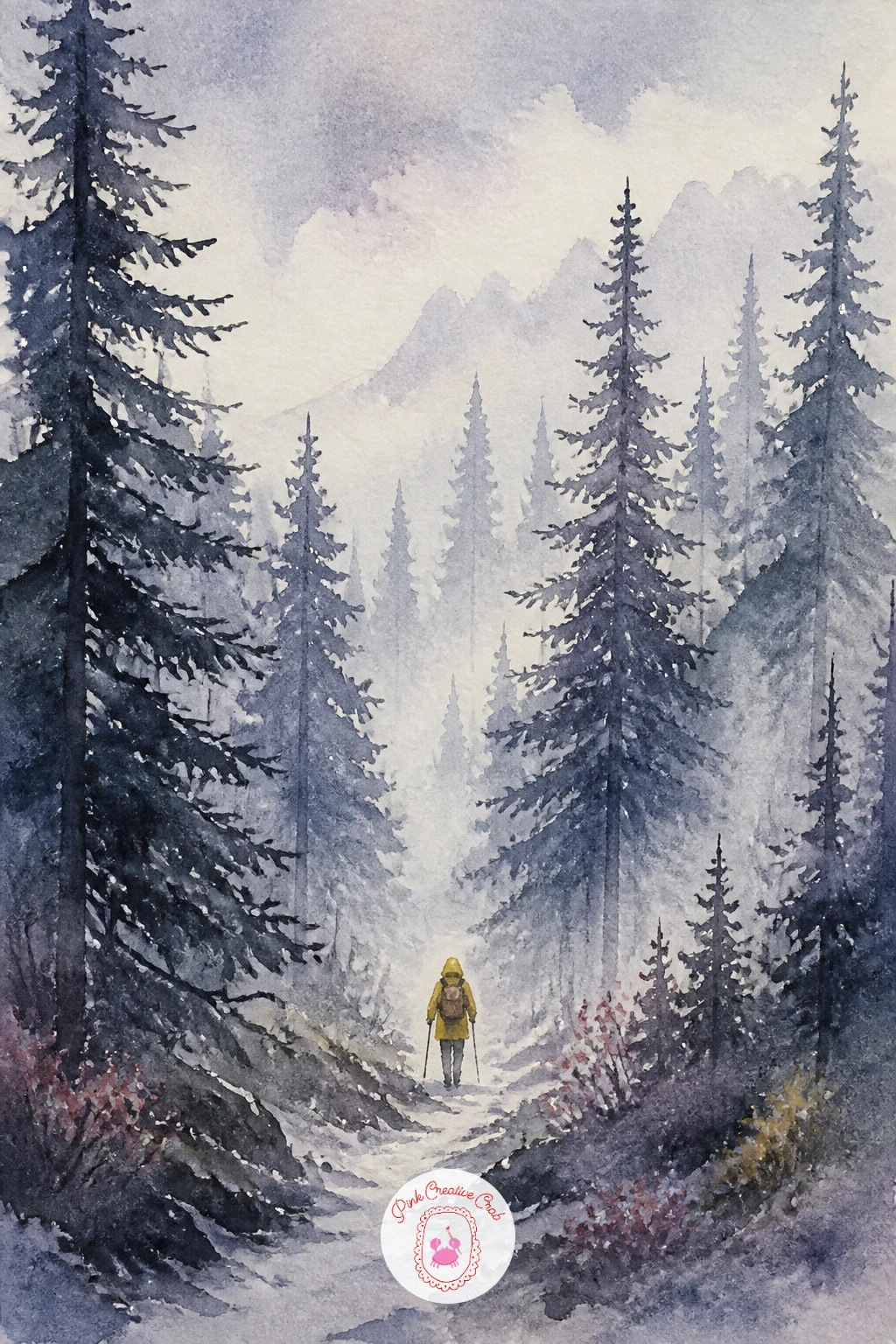 Misty Pine Forest With a Yellow Coat — Mist is mostly about value, not color, so keep every green in this scene close in tone and let distance do the fading