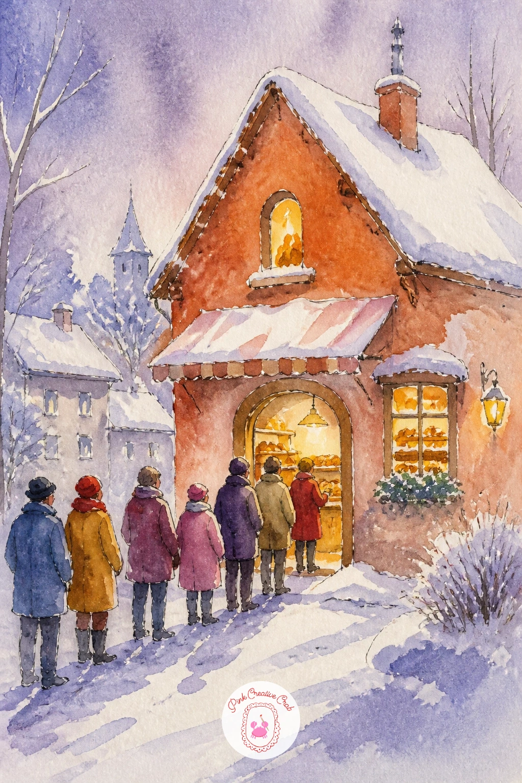 Village Bakery Queue — Warm light against cold snow is the whole story, so start with the building in a flat wash of warm terracotta or mustard, painted on dry