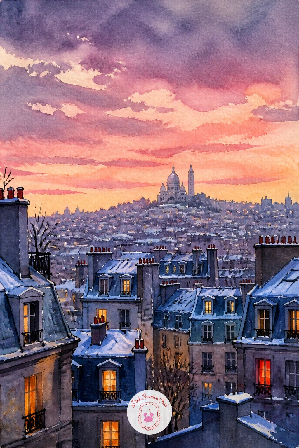 Rooftops of Paris at Dusk — Rooftops read as a rhythm of angled shapes, so block them in first as a simple skyline of dark grey-blue triangles and rectangles
