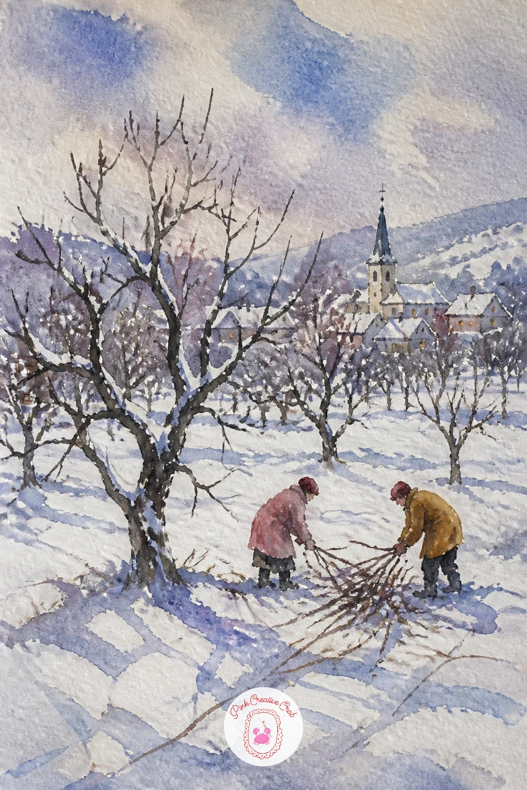 Snowy Orchard With Gathering Figures — Bare orchard trees need a different gesture than pines, so paint each trunk as a single upward stroke that splits into