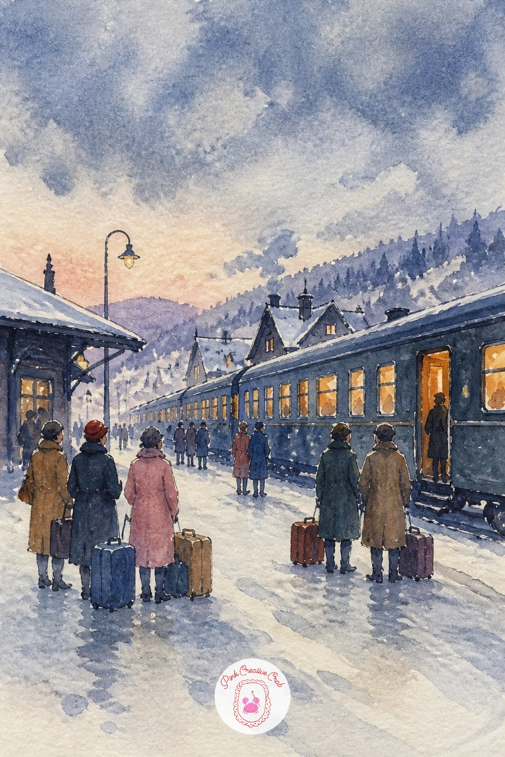 Train Station Platform With Suitcases — Platforms need one strong perspective line to feel real, so pencil a single horizon-level line across the page first