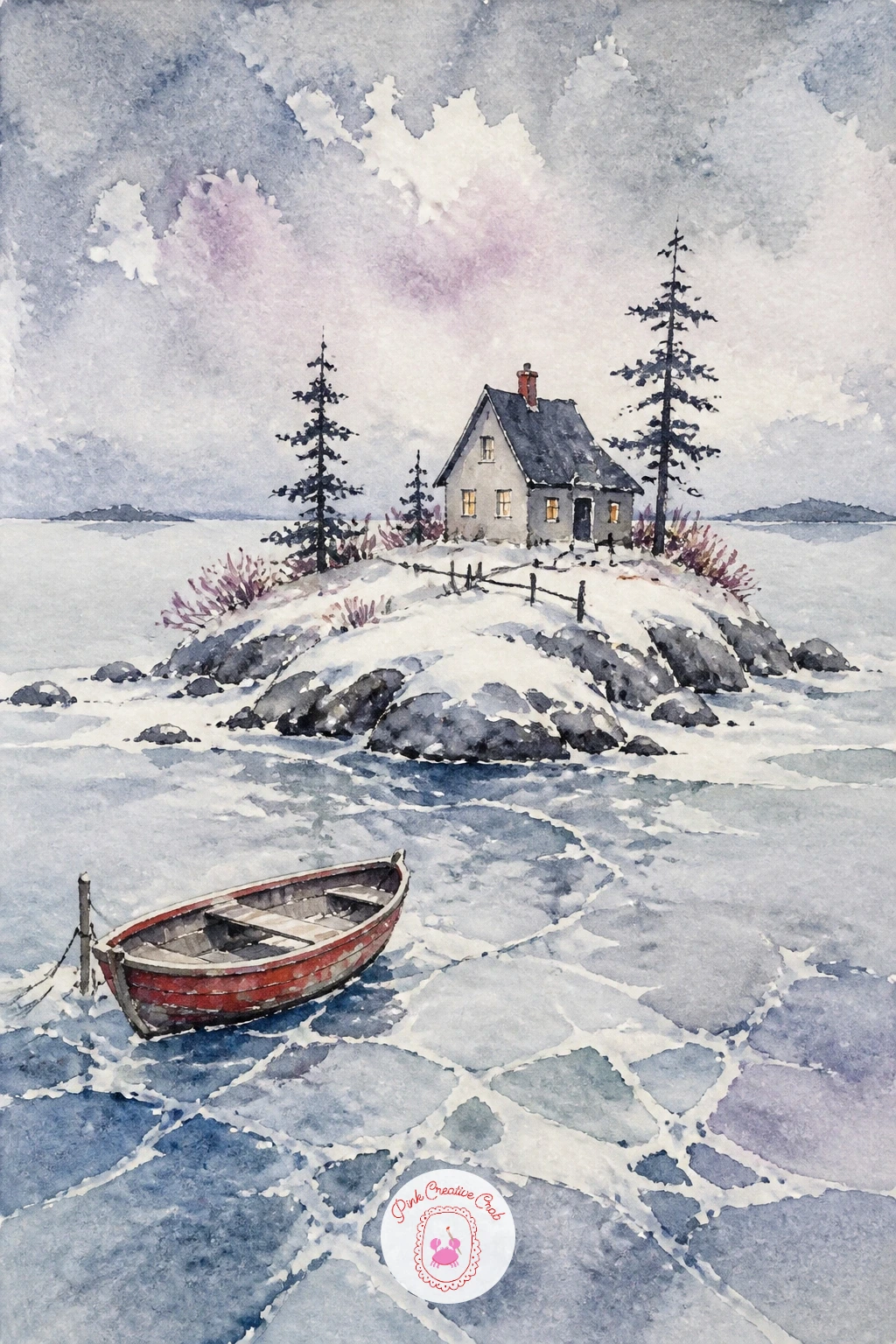 Small Island With a Rowboat in Ice — Isolation is the mood, so leave generous empty space around the subject rather than filling the page. Winter landscape