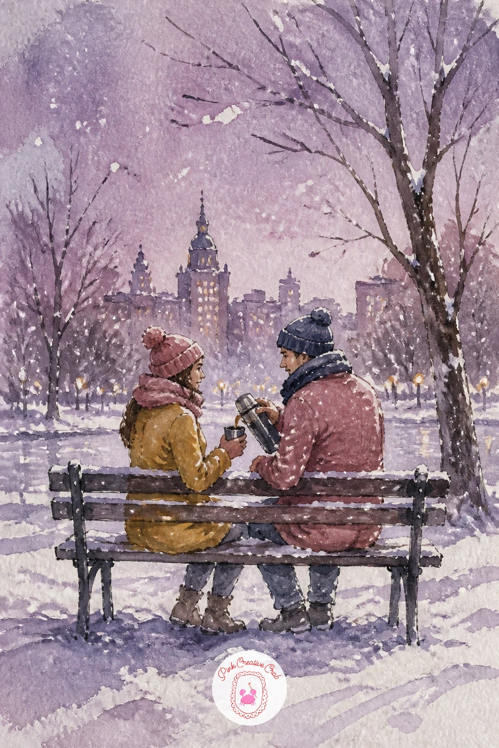 Park Bench Couple With a Thermos — Snowfall is the detail that makes this one, so paint everything else first: a soft pale wash for the park background, a