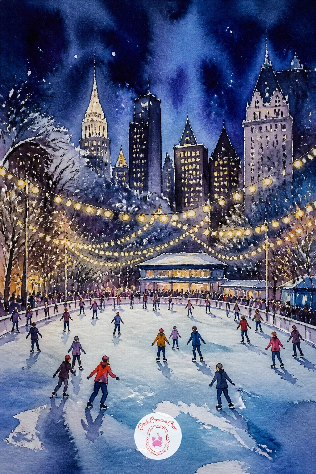City Skating Rink With String Lights — Night glow needs dark surroundings to work, so build the whole background first in deep blue-violet, buildings as simple