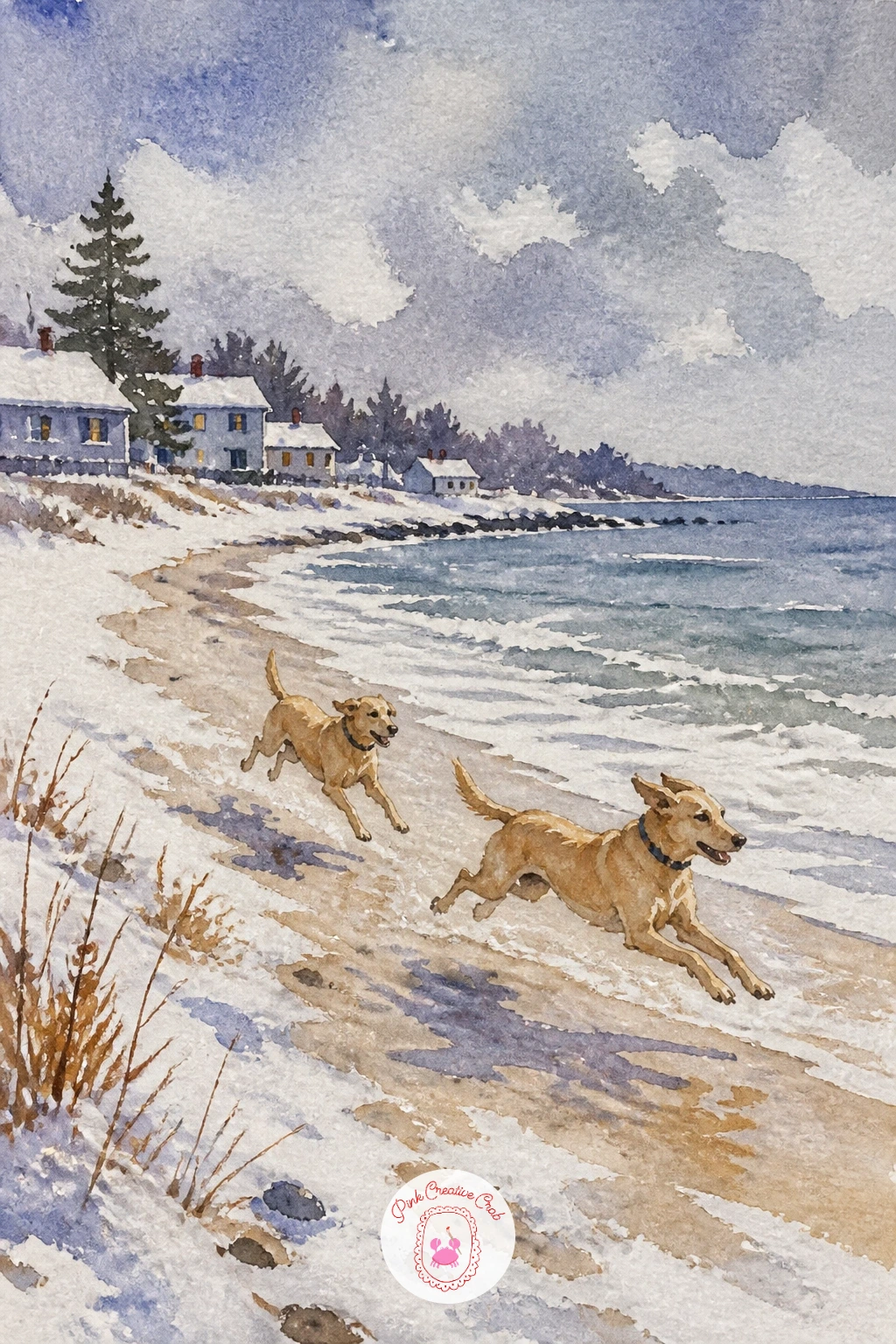 Winter Beach With Dogs Running — Snowy sand is an unusual combination, so mix a warm grey-beige rather than a pure white or blue for the beach itself, which