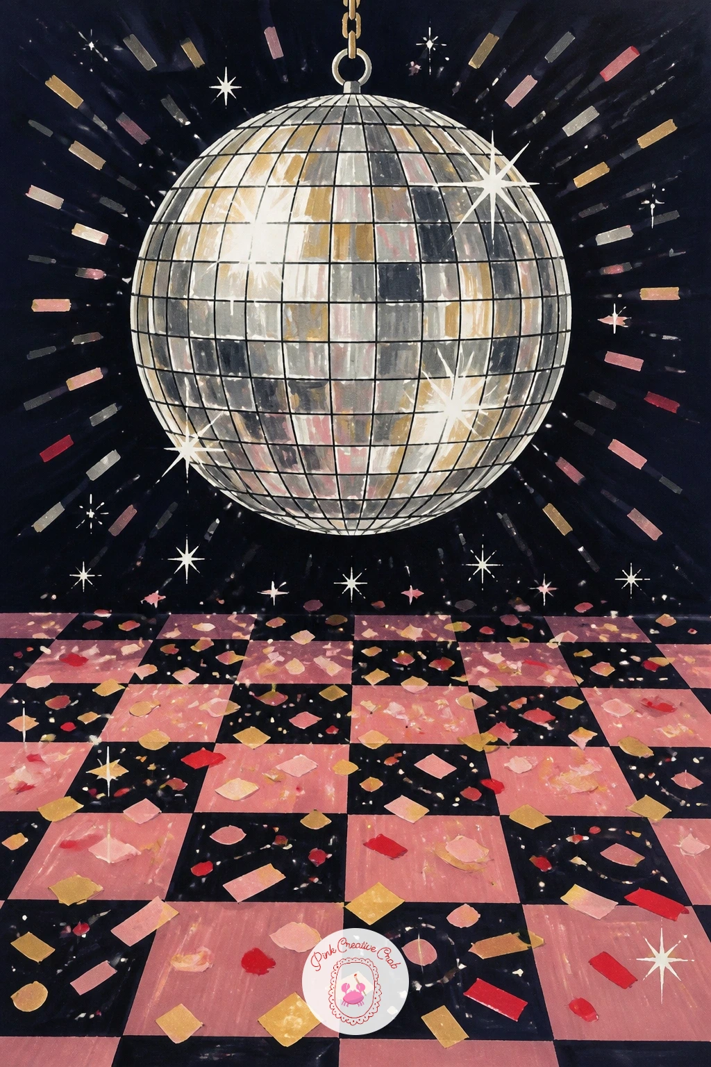 Disco Ball Over A Confetti Dance Floor — Following the champagne tower, the disco ball keeps the same party energy but shifts the whole page to pattern. New