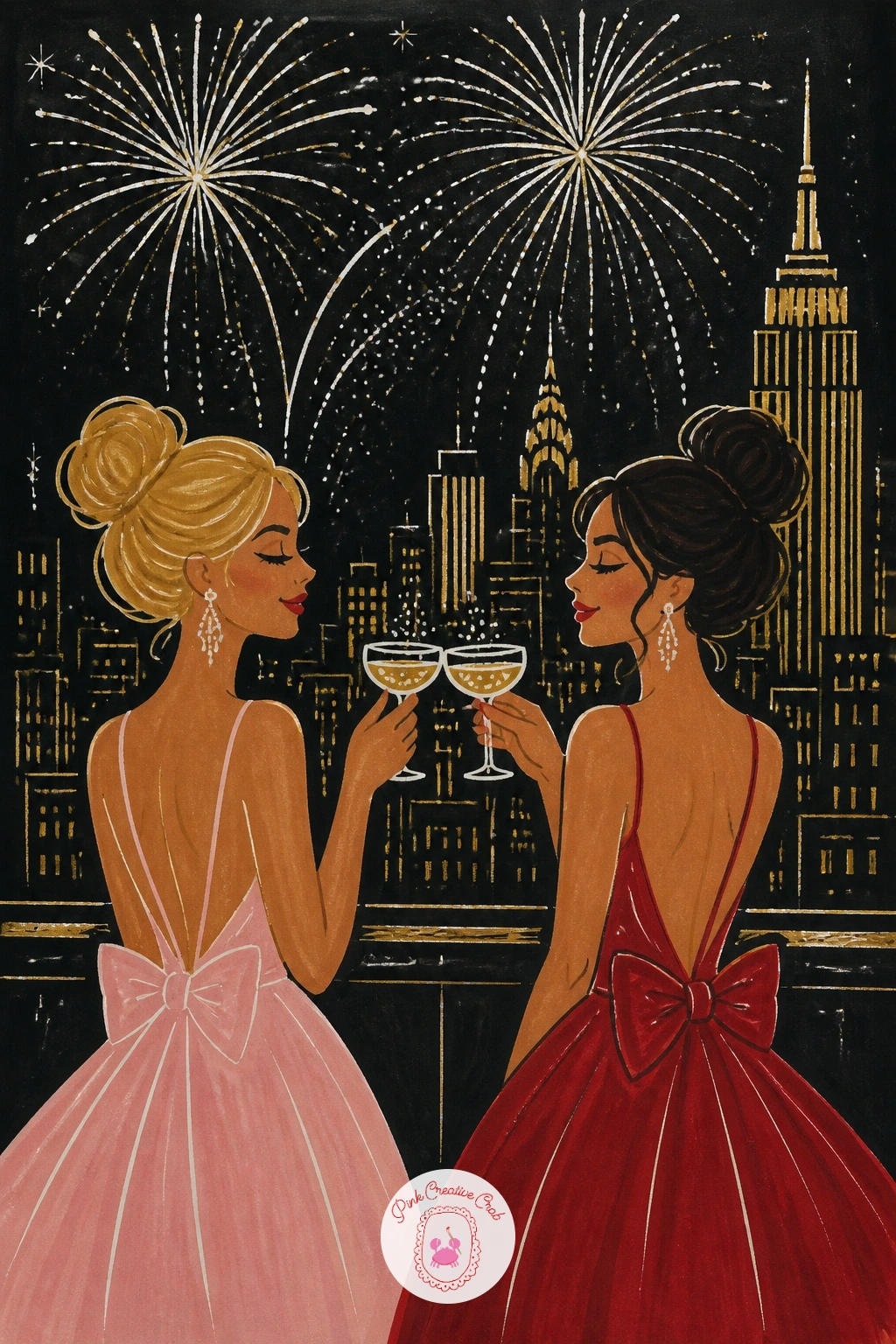 Rooftop Toast With Fireworks — Where the disco ball lives indoors, this scene moves the party onto a rooftop, so start by blocking in a simple skyline
