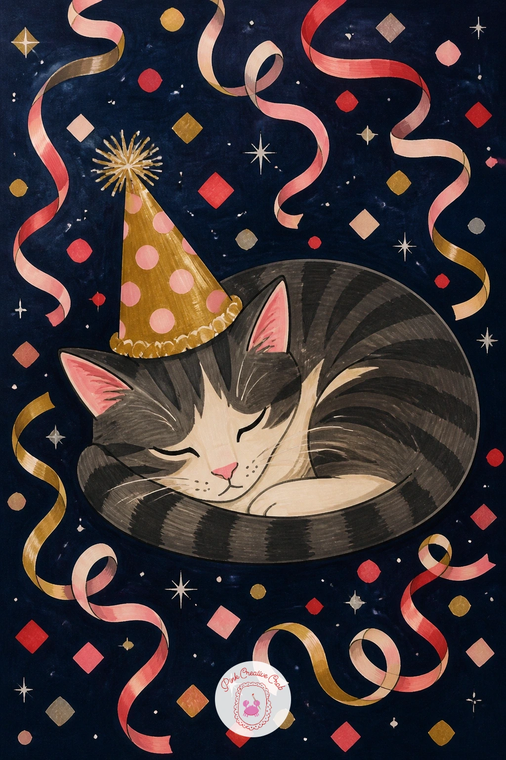 Sleeping Cat In A Party Hat — After all that movement, give the page a quiet beat with a cat curled asleep in a cone party hat, streamers draped loosely around