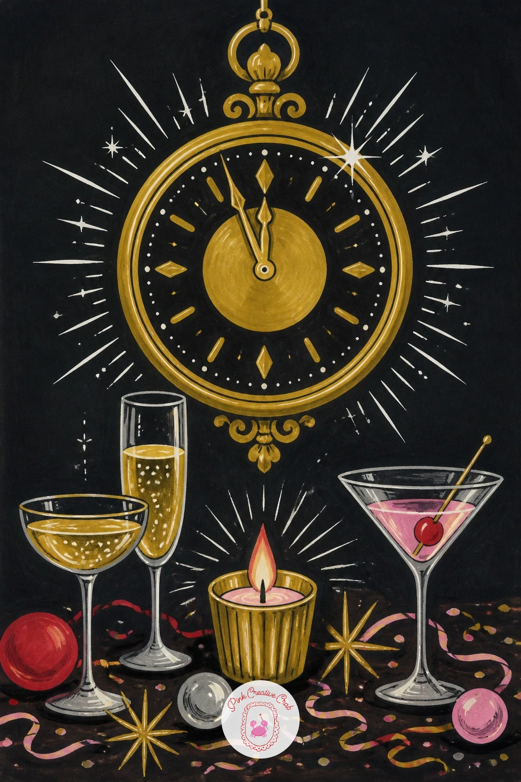 Vintage Clock Striking Midnight — Shift the mood again with a vintage clock face hung above a party table, hands pointed just before midnight. New year drawing