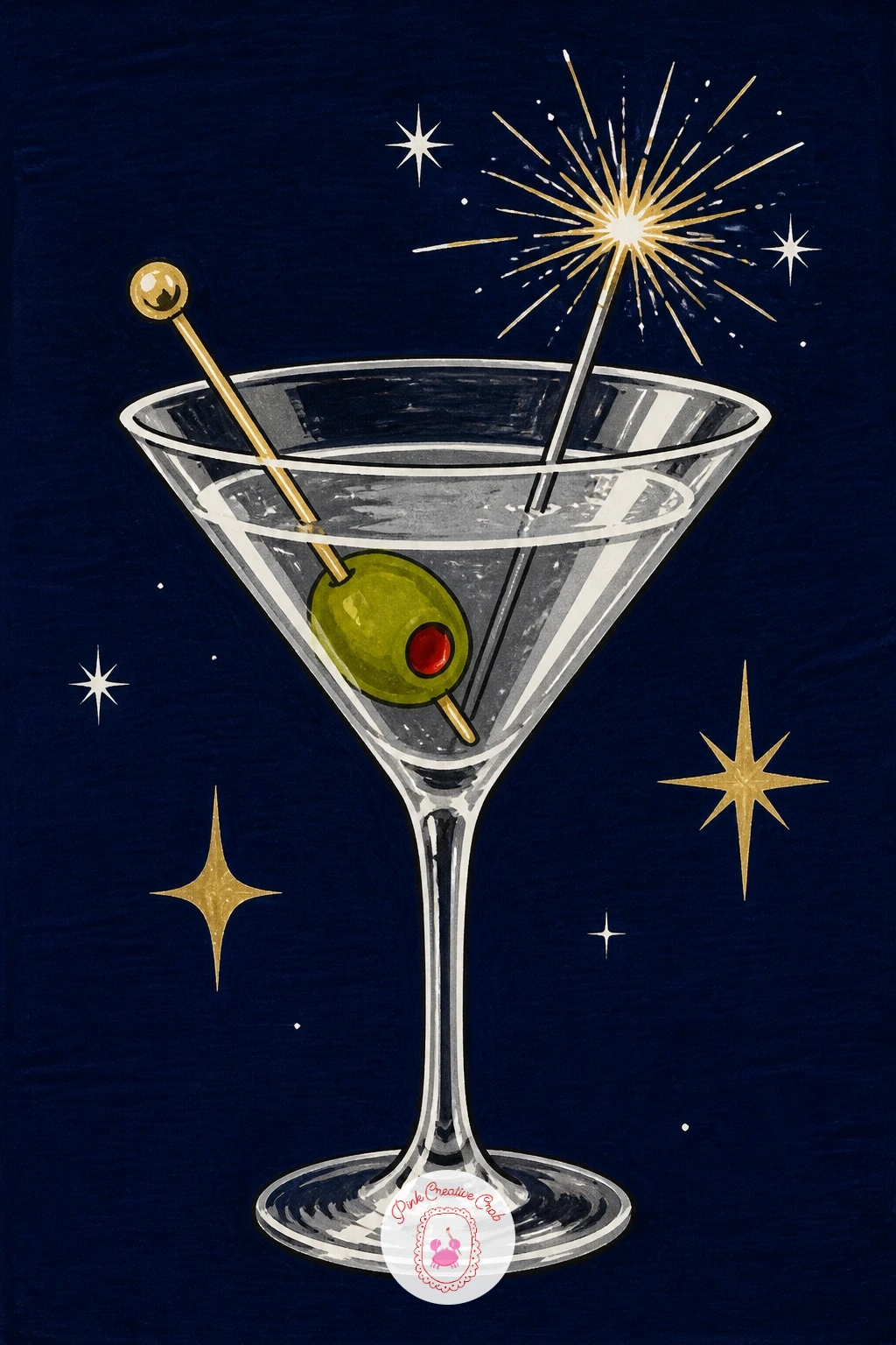Martini With Olive And Sparkler — Pick up the pace again with a single martini glass, a fast, satisfying subject after the clock. New year drawing ideas