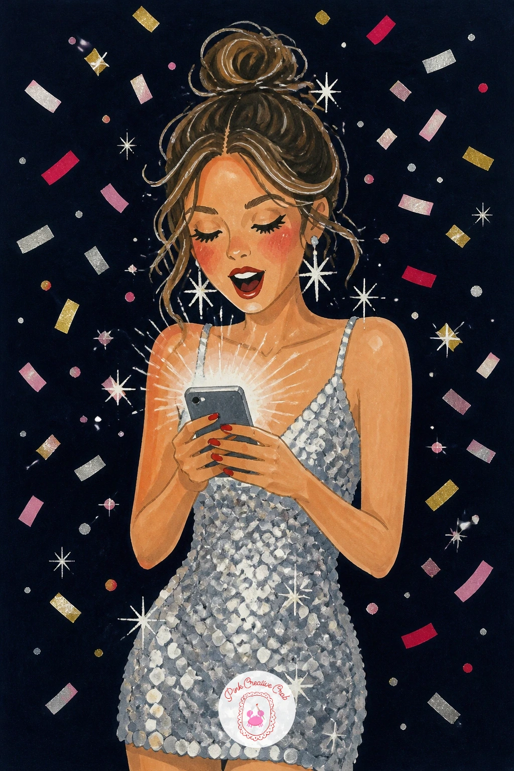 Girl Counting Down On The Phone — Carry the glamour forward with a girl in a silver dress, phone in hand, mid countdown. New year drawing ideas